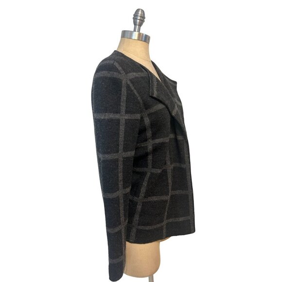 Eileen Fisher Caridgan Open Front Merino Wool Windowpane Plaid Grey Black XS - Picture 3 of 7